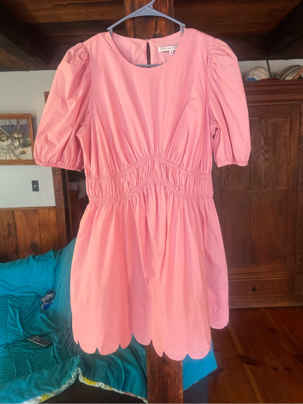 English Factory Pink Scallop Hem Puff Sleeve Dress